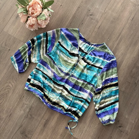 New Zac & Rachel Costal Watercolor Striped 3/4 Length Sleeve Blouse - Picture 1 of 5